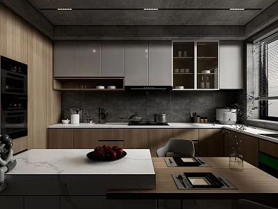 Modern Kitchen Interior With Wooden Cabinets Gray Upper Cabinets Marble Island And Black Appliances 3d model