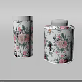 Decorative Ornament Set With Two Floral Pattern Tins Silver Lids And Pink Green Flowers