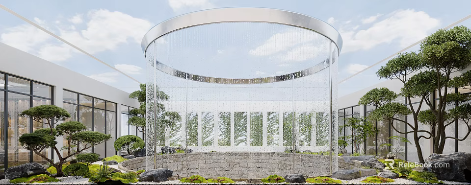 Tranquil Garden With Circular Silver Frame Water Curtain Green Plants Stones Glass Windows and Trees 3d model 