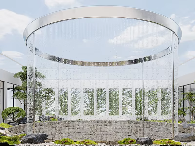 Tranquil Garden With Circular Silver Frame Water Curtain Green Plants Stones Glass Windows and Trees 3d model