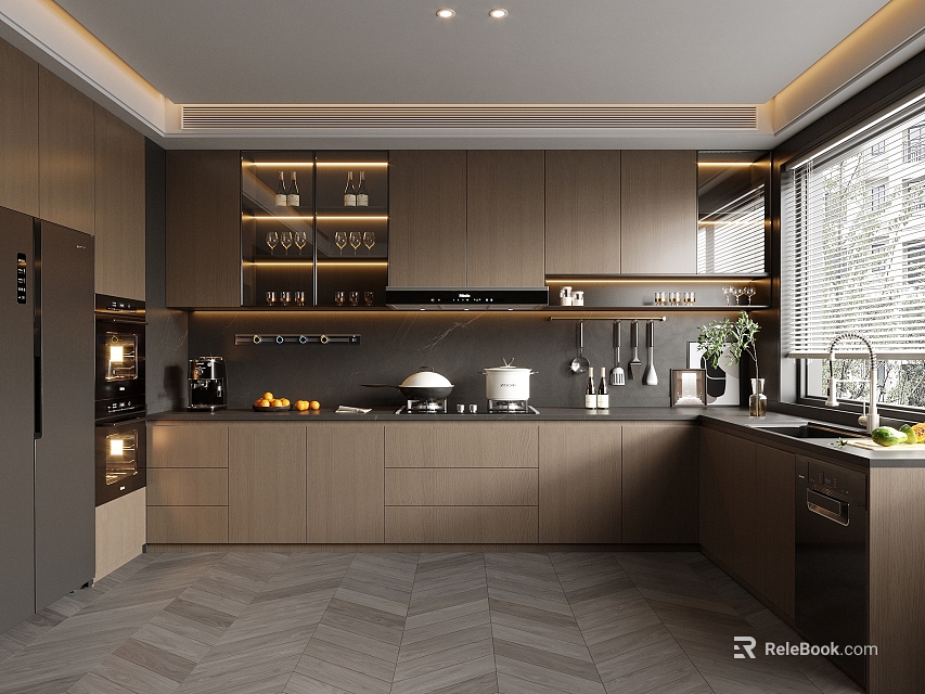 Modern Kitchen Interior With Dark Wood Cabinets Countertop And Stainless Steel Appliances 3d model 