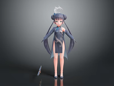 Anime Style Game Character In Black Patterned Qipao With Twin Tails And Gun 3d model