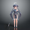 Anime Style Game Character In Black Patterned Qipao With Twin Tails And Gun
