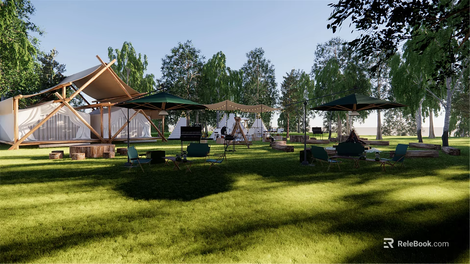 Tranquil Garden Landscape with Green Lawn Umbrellas Chairs Trees and Wooden Structures 3d model 