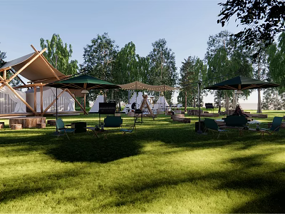 Tranquil Garden Landscape with Green Lawn Umbrellas Chairs Trees and Wooden Structures 3d model