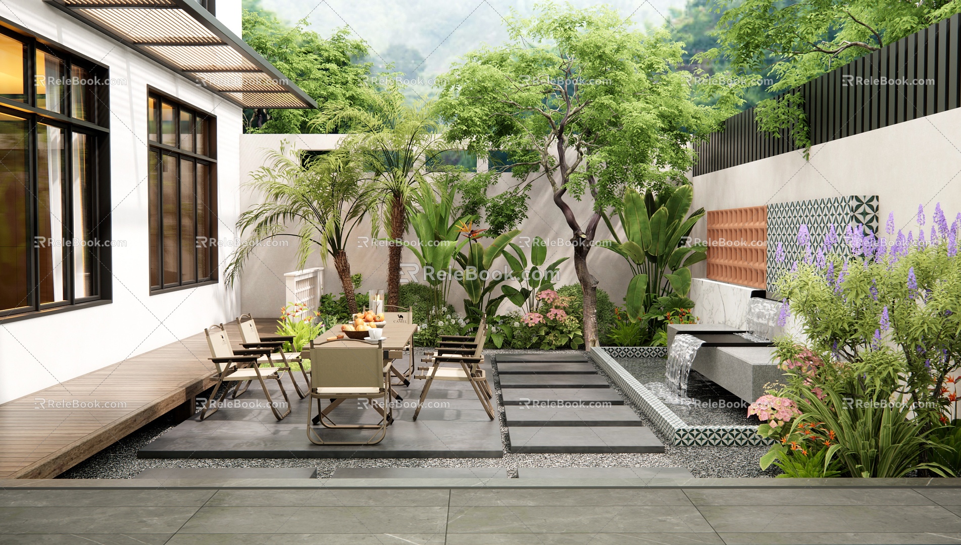 Modern Villa Courtyard Garden Balcony Outdoor Table and Chair Running Water Landscape Wall Flowers and Plants Landscaping Plant Pile Plant Combination Landscape Tree Shrub model