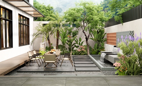 Modern Villa Courtyard Garden Balcony Outdoor Table and Chair Running Water Landscape Wall Flowers and Plants Landscaping Plant Pile Plant Combination Landscape Tree Shrub 3d model