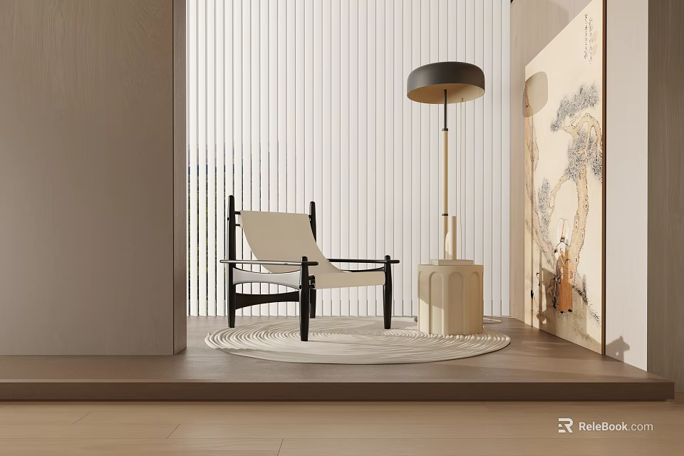 Black Leisure Chair With Beige Cushion On Round Rug And Floor Lamp Near Wall Art 3d model 