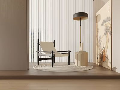 Black Leisure Chair With Beige Cushion On Round Rug And Floor Lamp Near Wall Art 3d model