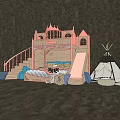Playful Bunk Bed Design With Pink Staircase Slide Blue Mattress Teepee Tent And Stuffed Toys