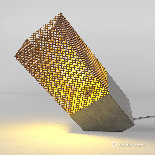 Abstract Shaped Table Lamp with Metal Grid Lampshade Warm Yellow Light and Gray Concrete Base 3d model 
