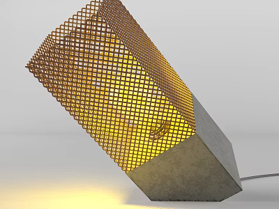 Abstract Shaped Table Lamp with Metal Grid Lampshade Warm Yellow Light and Gray Concrete Base 3d model