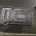 Dimly Lit Tunnel Passageway With Metal Railings Concrete Walls Grated Floor And Distant Light Source