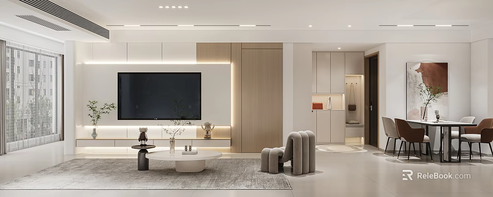 Modern Living Dining Room Interior Design With TV Wall Sofa Coffee Table And Carpet 3d model 