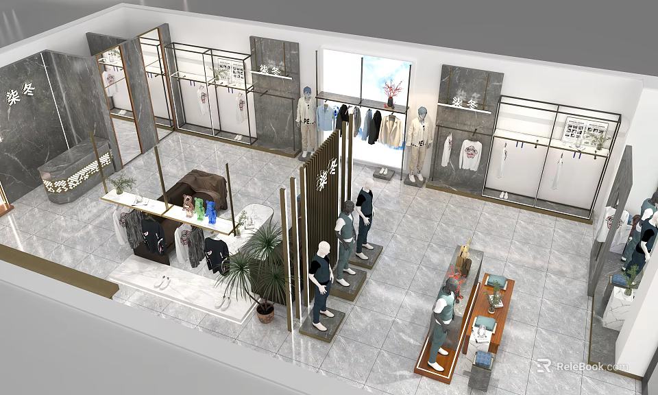 Modern Clothing Store Interior With Clothing Racks Mannequins And Display Areas 3d model 