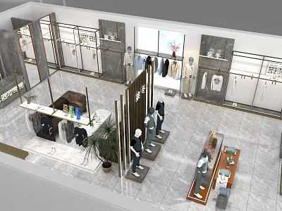 Modern Clothing Store Interior With Clothing Racks Mannequins And Display Areas 3d model