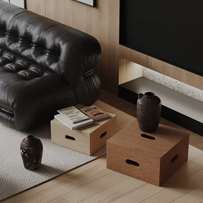 Wooden Storage Boxes In Living Room With Vases And Books 3d model