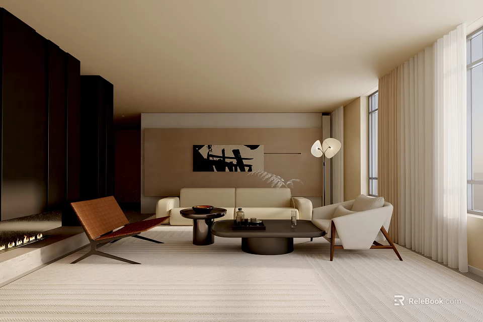 Modern Living Room Interior with Sofa Chairs Coffee Table and Decorative Painting Floor Lamp 3d model 