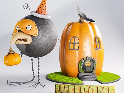 Decorative Ornament Set with Bird Shaped Witch Hat Pumpkin House Welcome Sign Green Grass Base 3d model