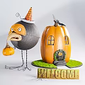 Decorative Ornament Set with Bird Shaped Witch Hat Pumpkin House Welcome Sign Green Grass Base