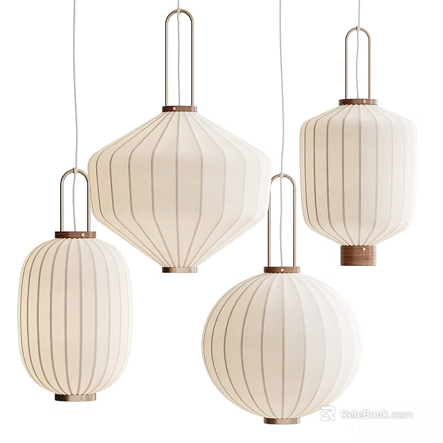 Elegant Modern Fabric Pendant Lights In Lantern Shape With Striped Design And Metal Accents 3d model 