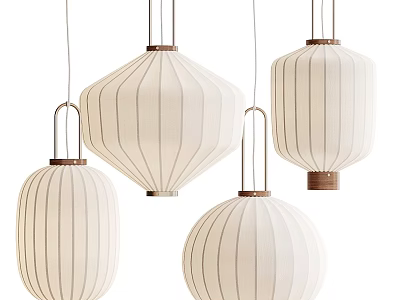 Elegant Modern Fabric Pendant Lights In Lantern Shape With Striped Design And Metal Accents 3d model