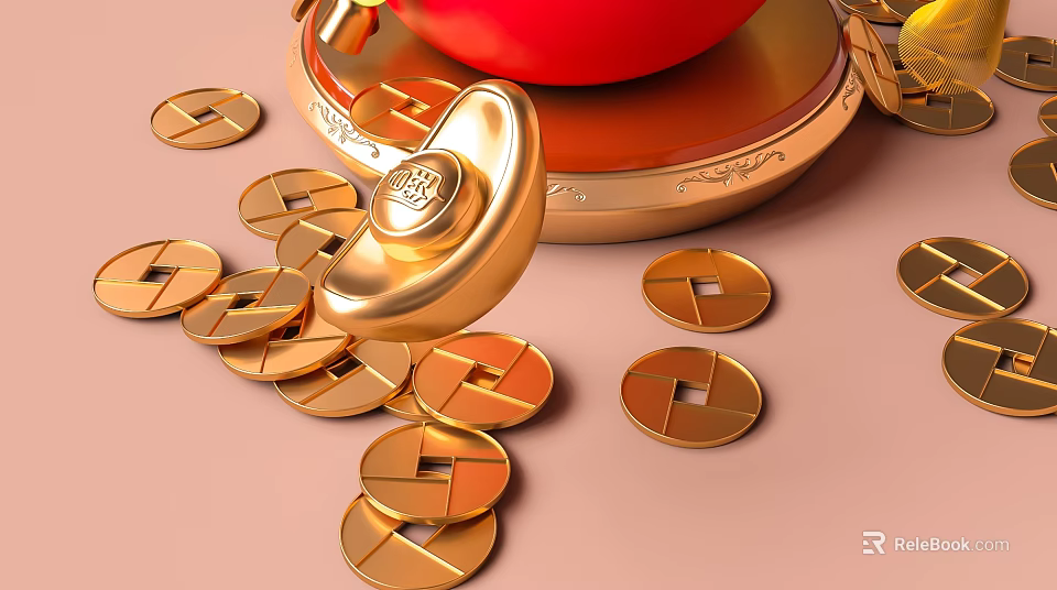 Traditional Lucky Gold Jewelry With Ingot Pendant Coins Red Container And Fortune Design 3d model 