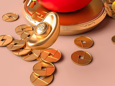 Traditional Lucky Gold Jewelry With Ingot Pendant Coins Red Container And Fortune Design 3d model
