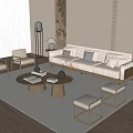 Modern Beige Sofa And Wooden Coffee Table Set With Pillows Accent Chairs And Floor Lamp