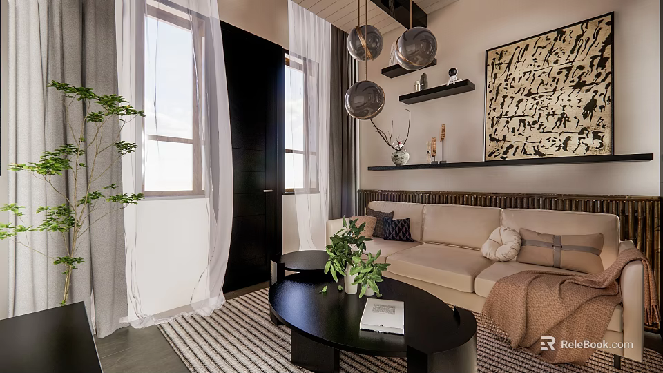 Hotel Guest Room Interior With Beige Sofa Black Coffee Table White Curtains And Decorative Painting 3d model 