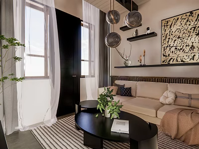 Hotel Guest Room Interior With Beige Sofa Black Coffee Table White Curtains And Decorative Painting 3d model
