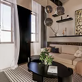 Hotel Guest Room Interior With Beige Sofa Black Coffee Table White Curtains And Decorative Painting