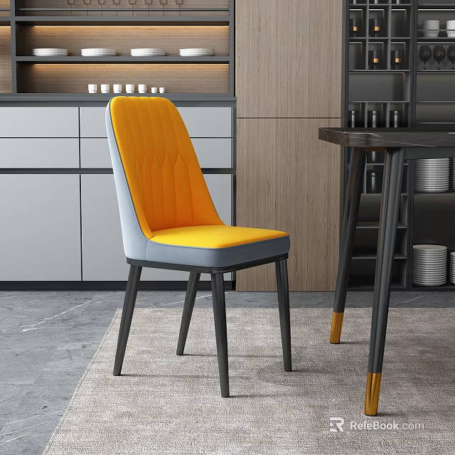 Modern Living Dining Room Interior With Orange Padded Chair And Gray Wooden Cabinets 3d model 