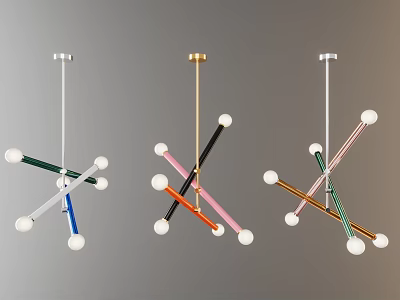 Colorful Modern Pendant Lights with Crossed Rods and White Spherical Ends for Contemporary Interiors 3d model
