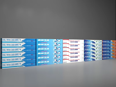 Various Washing Daily Necessities With Colorful Packaging Neatly Arranged In Rows 3d model