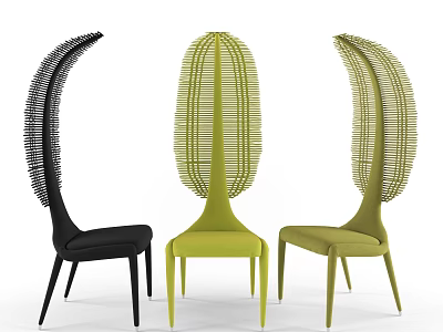Three Modern Woven Back Leisure Chairs in Black and Green with Curved Unique Design 3d model