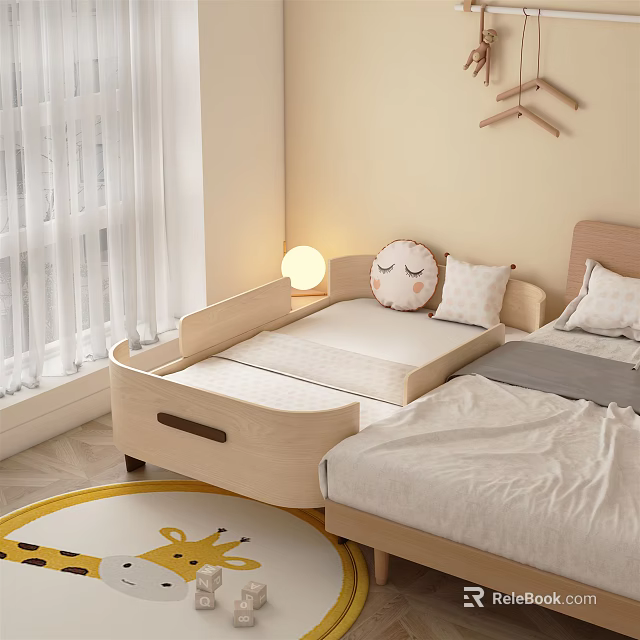 Cozy Kids Bed With Guardrail Trundle Bedside Round Lamp Wall Clothes Rack Yellow Giraffe Rug 3d model 