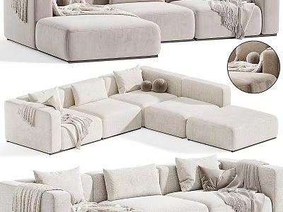 Beige Sectional Sofa With Comfortable Plush Pillows And Soft Throw Blankets 3d model