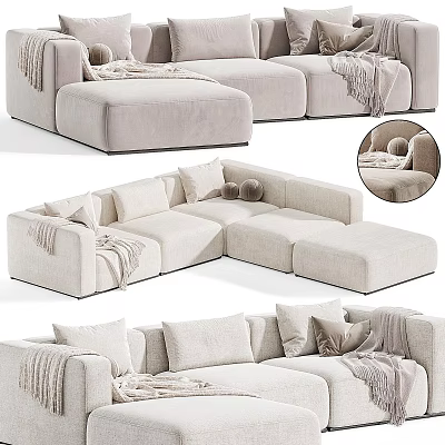 Beige Sectional Sofa With Comfortable Plush Pillows And Soft Throw Blankets 3d model