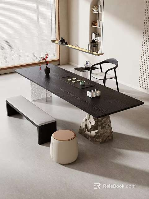 Modern Minimalist Tea Table and Chairs With Stone Legs Bench Tea Tray And Red Flowers 3d model 