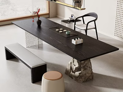 Modern Minimalist Tea Table and Chairs With Stone Legs Bench Tea Tray And Red Flowers 3d model