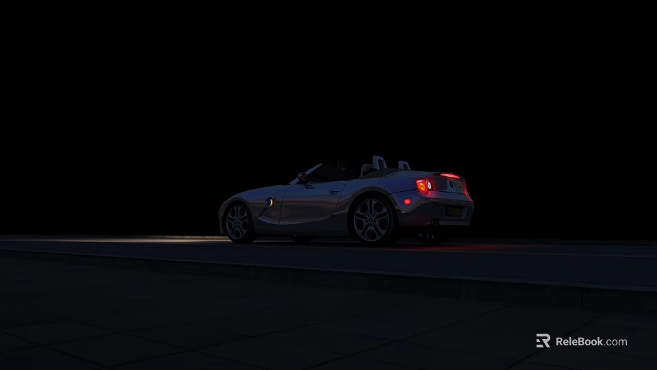 White Convertible Sports Car with Illuminated Red Taillights Parked On Dark Asphalt At Night 3d model 