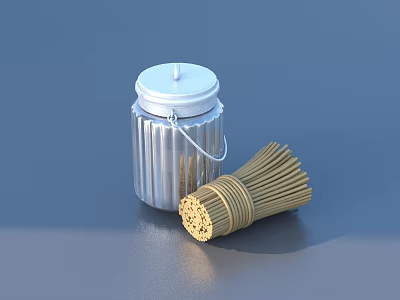 Silver Metal Canister With Lid And Handle Next To Yellow Bamboo Stick Bundle 3d model