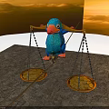 Blue Bird Balancing on Rope with Gold Coins in Balance Scale Trays