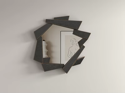 Modern Geometric Black Frame Mirror Reflecting Vase And Artwork On Wall 3d model