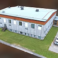 Modern Hospital Building With Flat Roof Parking Area Green Lawn And Vehicles