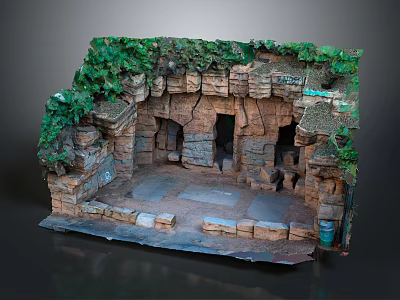 Natural Rock Scenery Structure With Green Foliage Covered Surfaces And Stone Slab Floor 3d model
