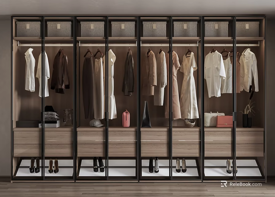 Modern Wardrobe Interior Design With Glass Doors Hanging Clothes Drawers And Shoes 3d model 