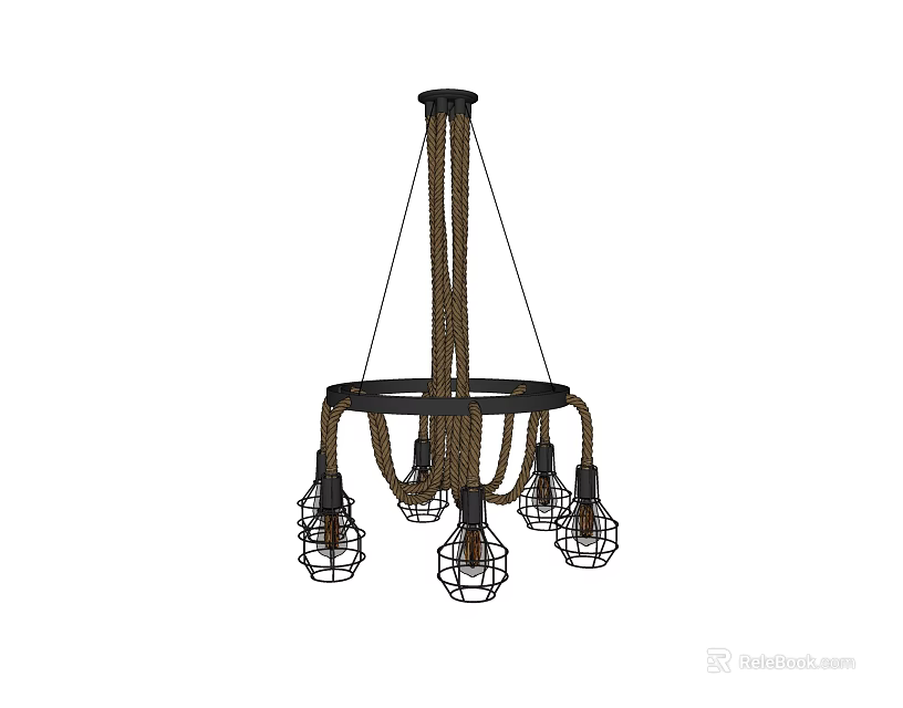 Chandelier With Rope Suspension Circular Frame Multiple Bulbs And Metal Cage Shades 3d model 