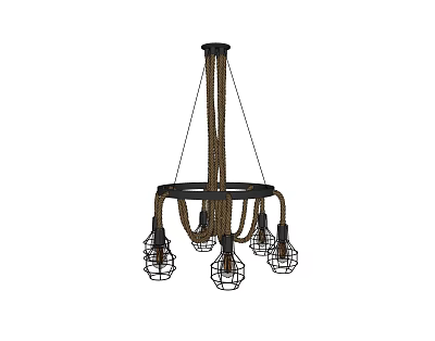 Chandelier With Rope Suspension Circular Frame Multiple Bulbs And Metal Cage Shades 3d model